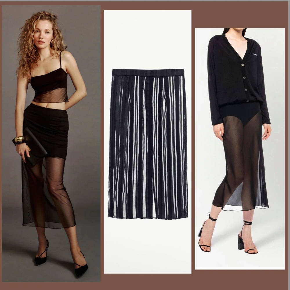 ZARA Black Sheer Stripe Pencil Midi Skirt